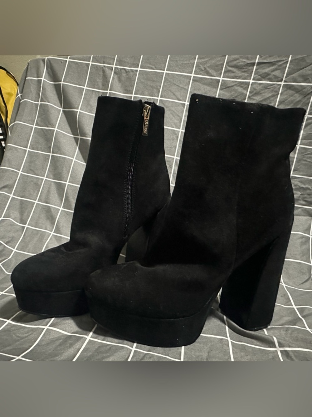 Guess Black Suede Platform Ankle Boots with Side Zip